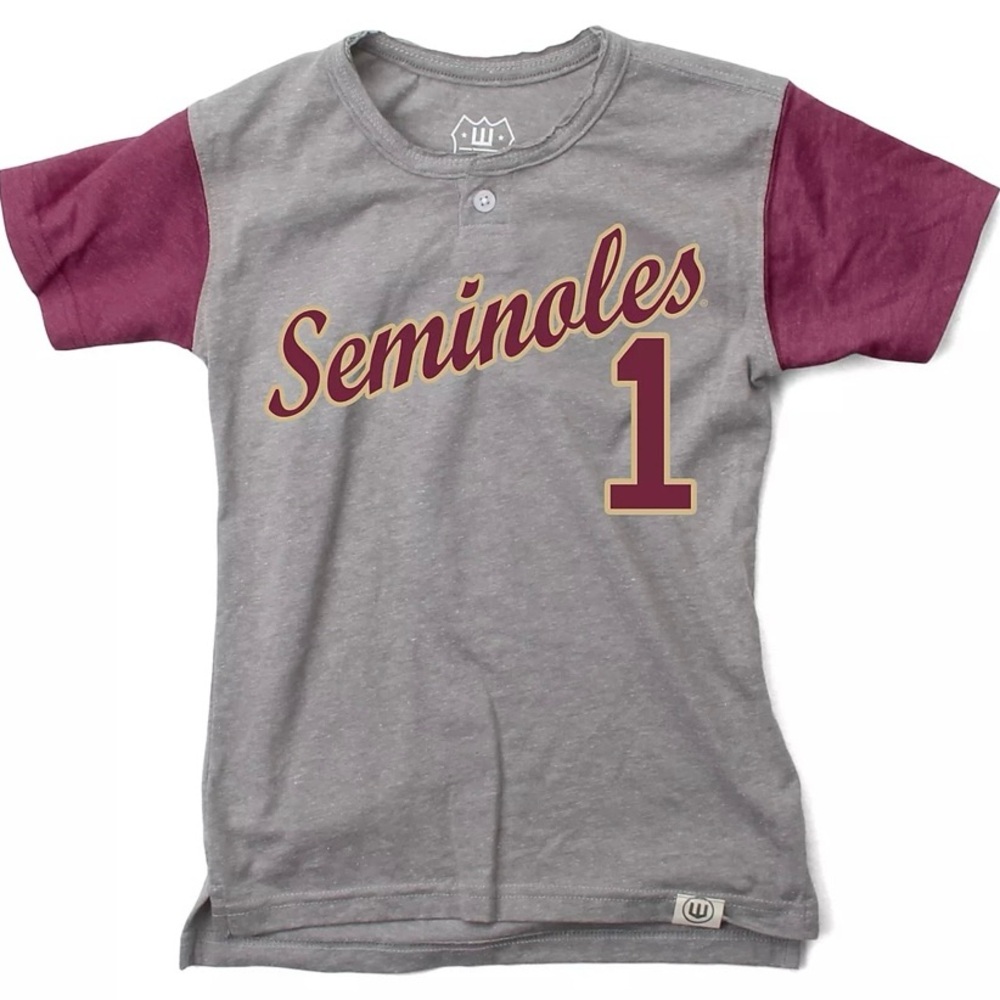 Youth NWT WES & WILLY FSU Seminoles Baseball Henley Tee in Gray, Medium (10-12)
